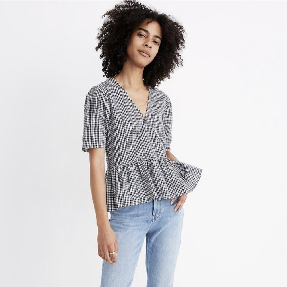 Madewell Crossover Gingham Check Peplum Blouse